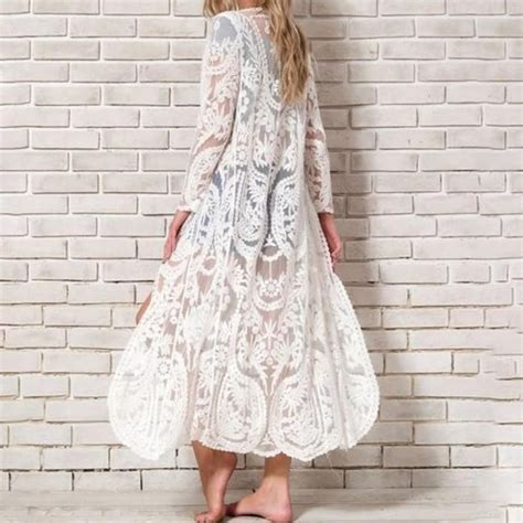 Kiki Bohemian Style White Beach Swimwear Cover Up Long Sleeve Kimono
