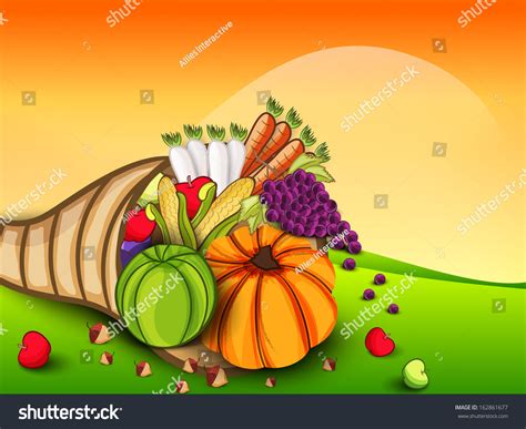 Happy Thanksgiving Day Concept With Fruits And Vegetables On Nature