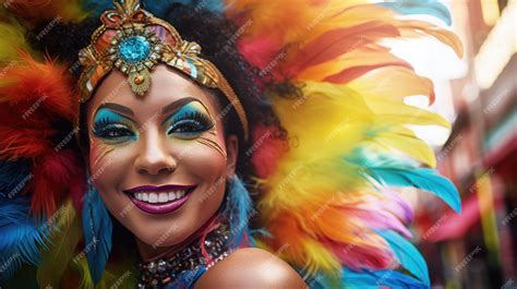 Premium Photo Vivid Carnival Queen With Blue Feather Headdress And Sparkling Makeup Generative Ai