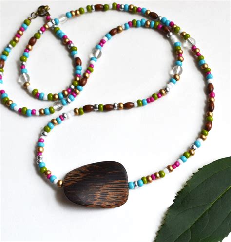 Long Necklace Wood Necklace Beaded Necklace Summer Jewelry Colorful