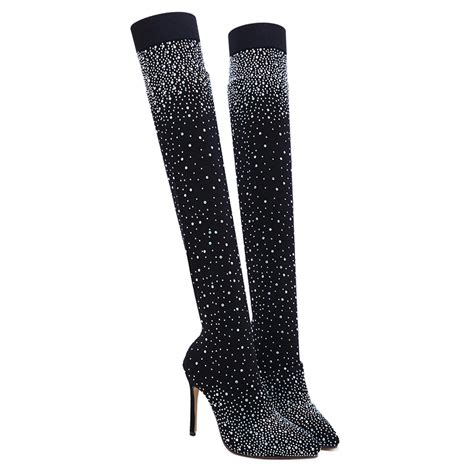 Crystal Stretch Fabric Sock Boots Women S Stiletto Heel Thigh