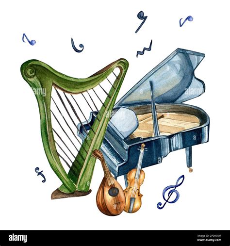 Harp Violin Grand Piano And Mandoline Watercolor Illustration