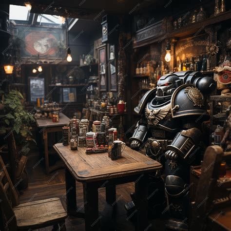 Premium AI Image | a large knight sits at a table in a small room with ...