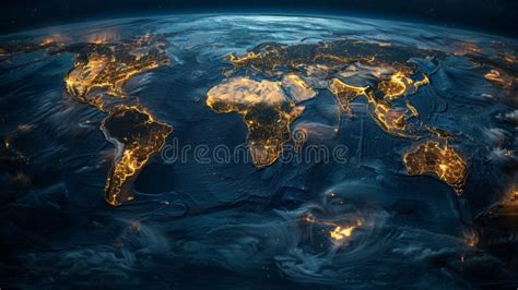 Night Map of the World with Glowing Lights. Illuminated Geographical ...