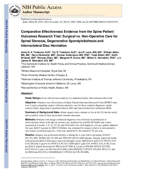 Pdf Comparative Effectiveness Evidence From The Spine Patient