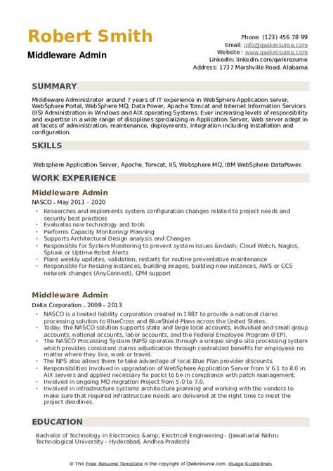 Middleware Administrator Resume Samples Qwikresume