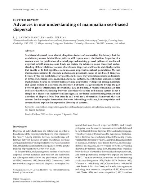 PDF Advances In Our Understanding Of Mammalian Sex Biased Dispersal