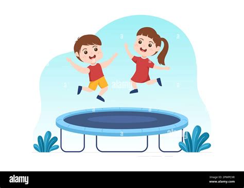 Trampoline Illustration With Little Kids Jumping On A Trampolines In