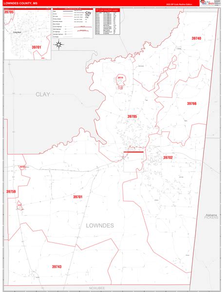 lowndes county ms zip code wall map red  style  marketmaps