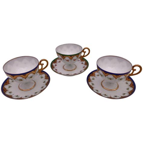 Set of Three Bone China Tea Cups with Pedestal Bottom, Saucers Early ...