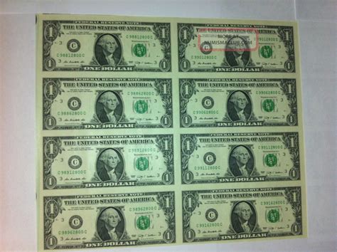 Uncut Sheet 1x 8 Legal 1 Dollar Real Currency Note Rare Usa Bills Usa