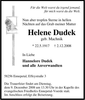 Traueranzeigen Von Helene Dudek Trauer In NRW De