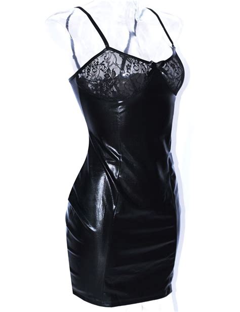 2021 Hot Black Faux Leather And Lace Sexy Lingerie Dress Exotic Strap