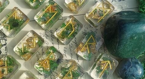 Rune Stone Set Green Witch Moss Agate Gold Moss Elder Futhark Resin