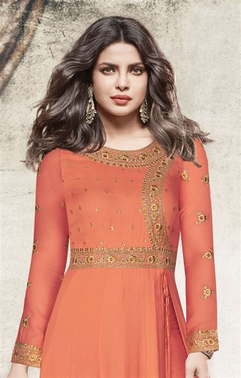 Rust Orange And Beige Designer Embroidered Georgette Anarkali Suit In