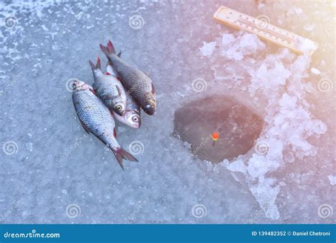 Pesca Do Furo Do Gelo Pesca Do Inverno Em Congelar O Conceito Do Tempo