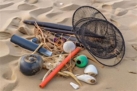 Premium AI Image Closeup Of Beach Trash Including Broken Glass And