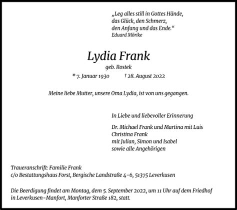 Traueranzeigen Von Lydia Frank WirTrauern