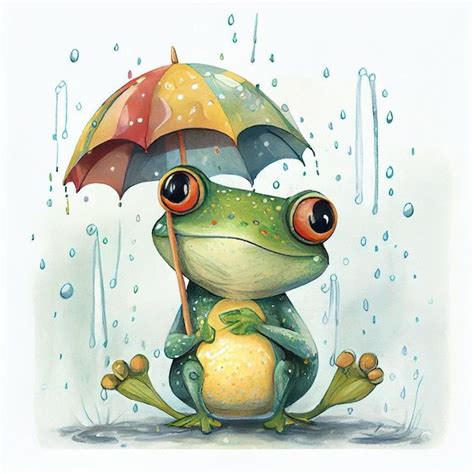 Une Grenouille Avec Un Parapluie Est Assise Sous La Pluie Photo