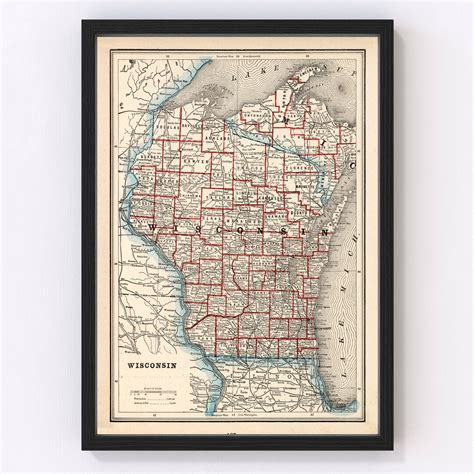 Wisconsin Map 1893 Old Map of Wisconsin Art Vintage Print Framed Wall ...