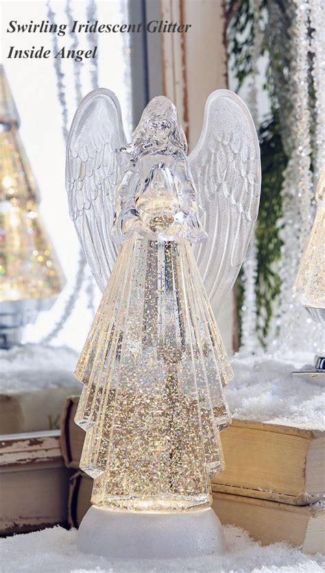 13 Inch Lighted Angel With Silver Swirling Glitter Water Lantern With