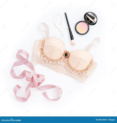 Glamorous Stylish Lace Lingerie With Woman Accessories On White Background Woman Lace Bra With