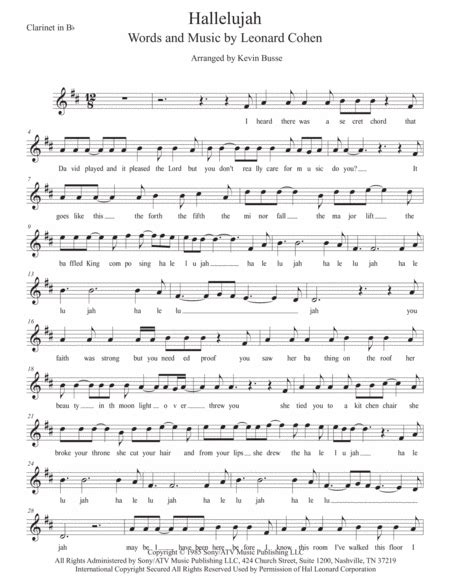 Hallelujah Arr Kevin Busse Sheet Music Lee Dewyze Clarinet Solo