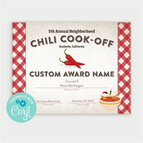 Printable Chili Cook Off Award Winner Certificate Create Your Own