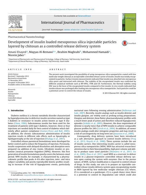 PDF Development Of Insulin Loaded Mesoporous Silica Injectable