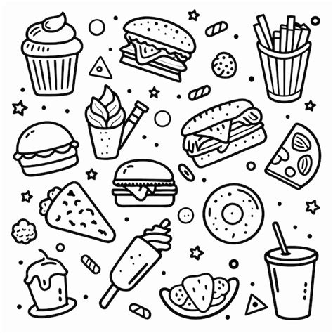 Doodle Food Icons Set Of Burgers Fries Pizza Cupcake Ice Cream And