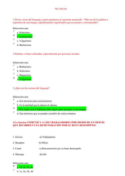 TEST DE ICA 1 2 3 4 TES 1 DE ICA 1 De Los Vicios Del Lenguaje A Quien