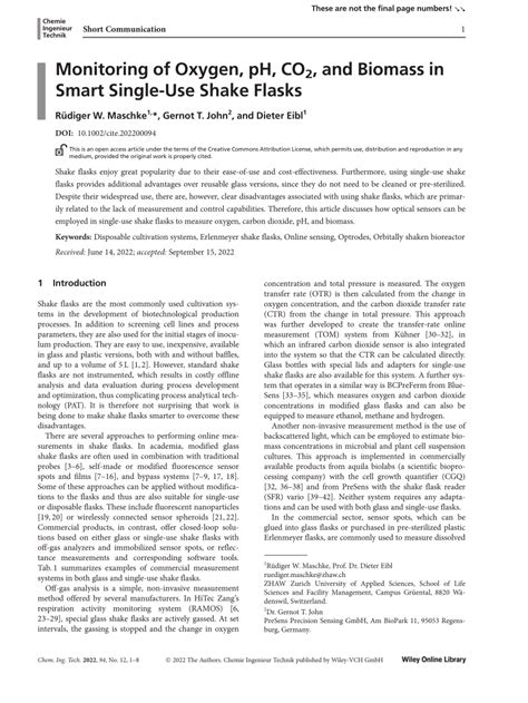 Pdf Monitoring Of Oxygen Ph Co2 And Biomass In Smart Single‐use