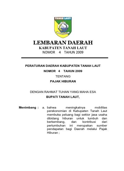 LEMBARAN DAERAH KABUPATEN TANAH LAUT NOMOR 4 TAHUN 2009