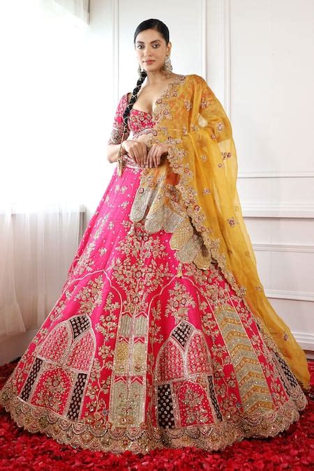 Buy Fuchsia Raw Silk Embroidered Resham Plunge Mansion Mughal Bridal