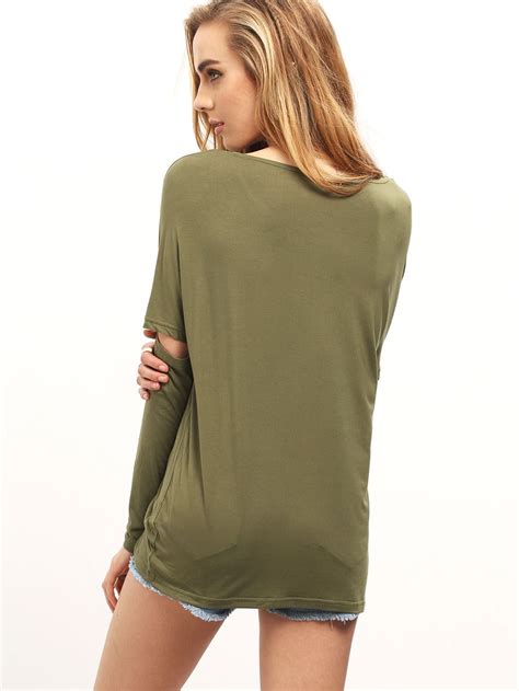 Army Green Long Sleeve Cut Out T Shirt Shein Sheinside