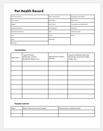 pet health record sheet template  word