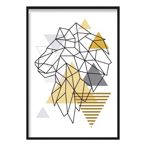 Lion Head Looking Left Abstract Geometric Scandinavian Yellow And Grey