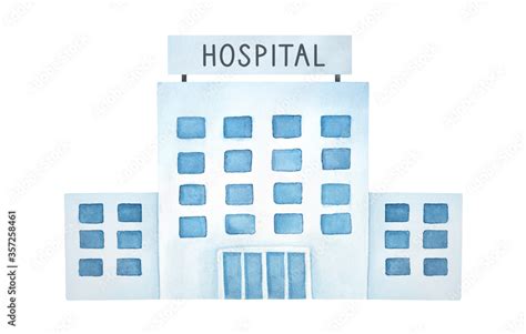 Water color drawing of white multistage public Hospital building with blue windows and doors ...