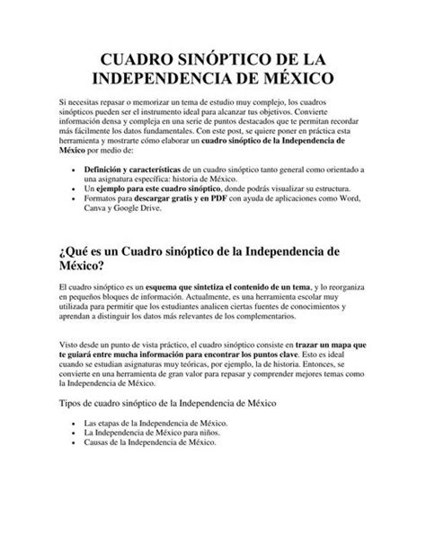 Cuadro Sinoptico De La Independencia De Mexico Udocz