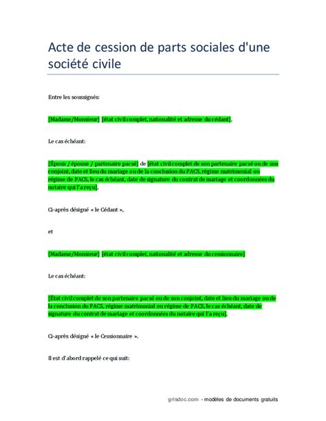 Acte de cession de parts sociales d une société civile DOC PDF