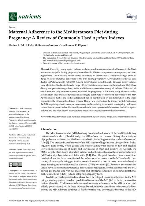 Pdf Maternal Adherence To The Mediterranean Diet During Pregnancy A