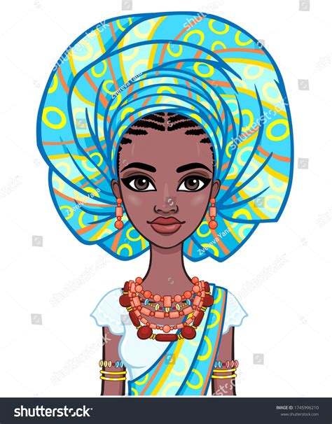 Animation Portrait Young African Woman Turban Stock Vector Royalty