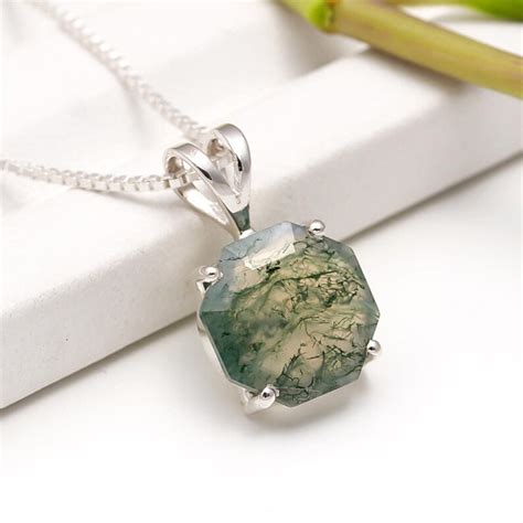 Moss Agate Necklace Sterling Silver Large Hexagon Green Moss Agate