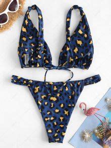 Zaful Leopard Knots Gathered Bikini Swimwear In Deep Blue Zaful