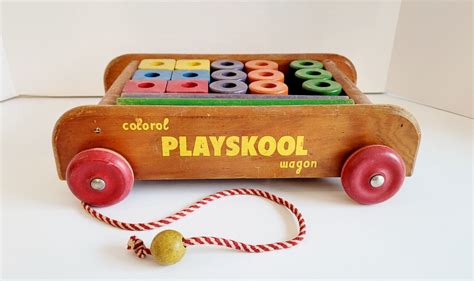 Vintage 1960s Playskool Colorol Wood Wagon Pull Toy With Wood Blocks