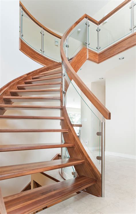 Curved Walnut Stair With Curved Glass Contemporary Staircase