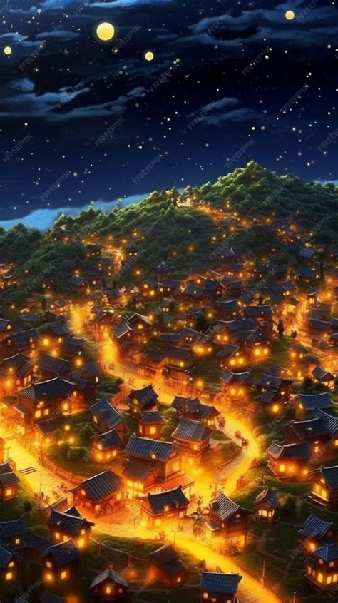 Premium Photo | Anime scenery of a village at night with a full moon ...