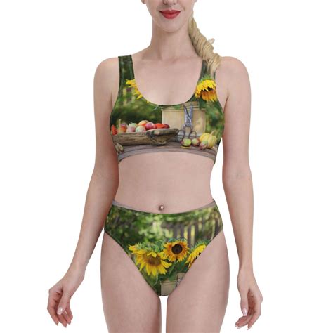 Adobk Vintage Wooden Bucket Print Women High Waisted Bikini Set Sports