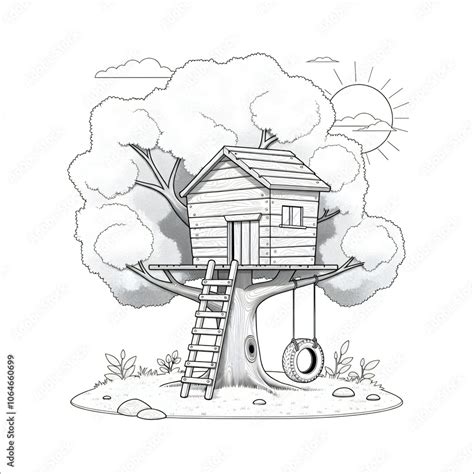 drawing   treehouse   large tree   ladder  tire