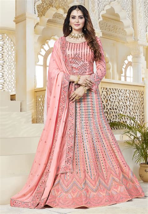 Pink Georgette Mirror Work Lehenga Choli